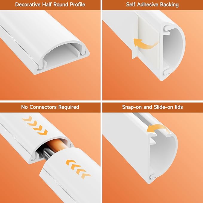 Delamu 85in Adhesive Cord Hider Wall, Mounted TV Cord Cover Kit, Multiple Cable Raceways for Wall Corner, Wire Cover Hiders for 1-2 Cables, 1.18" W X 0.43" H, White
