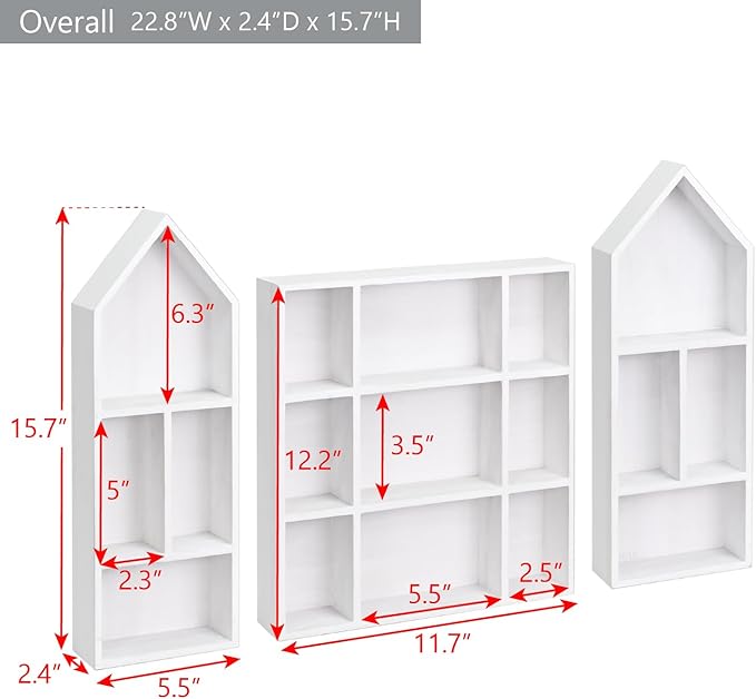 Ikee Design 3 Pcs Set Wooden Shadow Cubby Box Display Shelf Organizer Storage Shadow Box for Collectibles, Mini Figures, 17 compartments, White Color, 22.8W x 2.4D x 15.7H in