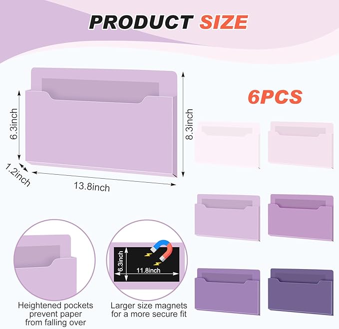 Fuutreo 6 Pcs Magnetic Wall File Organizer Magnetic Wall File Holder Refrigerator Magazine Holder for Mail Letters Paper(Violet Color,Horizontal-large)