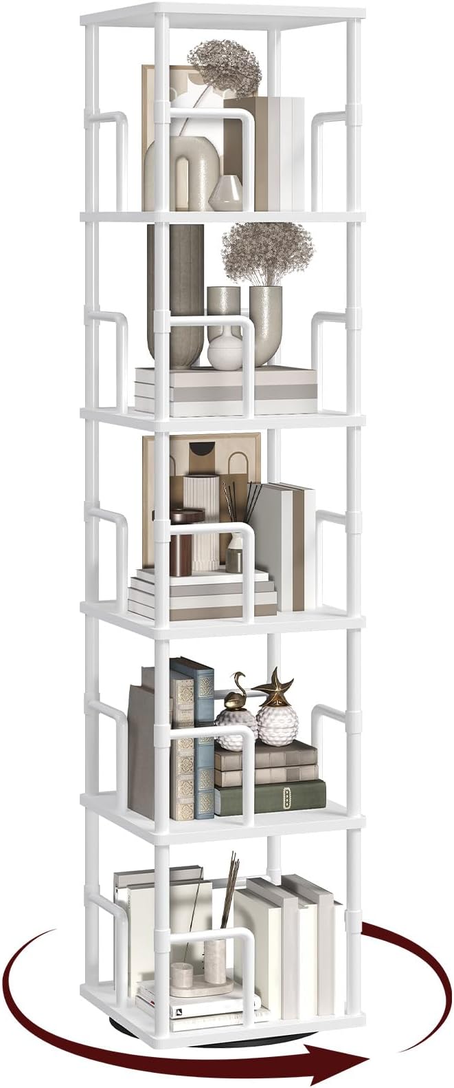 MAHANCRIS 5-Tier Rotating Bookshelf, Freestanding Corner Bookshelf, 360° Spinning Bookcase, Industrial Style Storage Rack with Rails, for Living Room, Bedroom, Study, White BKWT1601