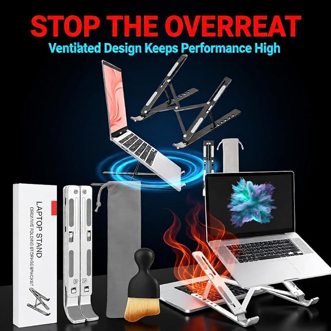 Adjustable Laptop Stand with Cleaning Brush – Aluminum Alloy Ergonomic Riser, Foldable & Portable Ventilated Notebook Holder for Desk, Fits Laptops up to 17.3" -(7 levels ) 23.6"MODEL (GRAY)