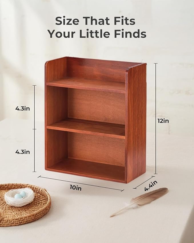 3-Tier Trinket Shelf, 10" x 12" Vintage Display Shelf for Wall or Desk, Small Wooden Shadow Box with Shelves for Collectibles, Mini Figures, Perfumes & Essential Oils, Brown