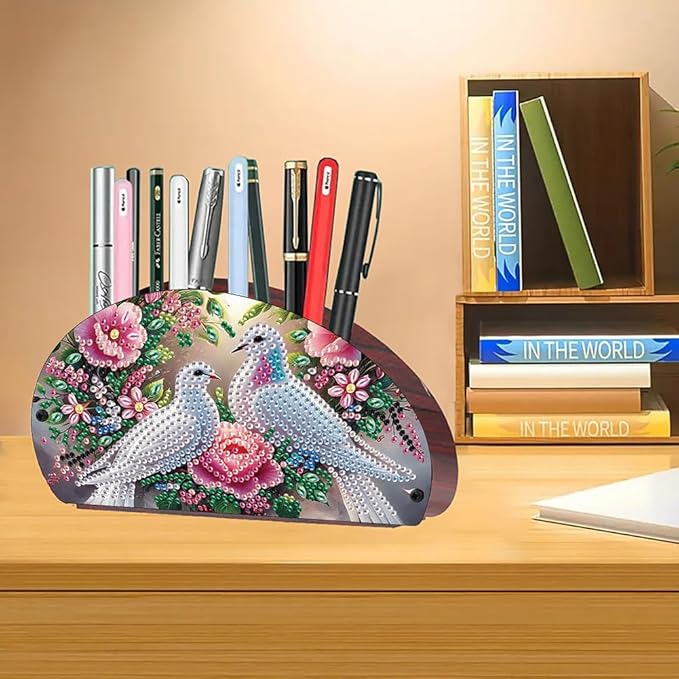 POETRYDRAW DIY Birds Diamond Art Painting Wooden Storage Box – Multi-Grid Moon Fan Makeup Brush Organizer, Double-Sided Drill Tabletop Holder for Women, Office & Home Decoration