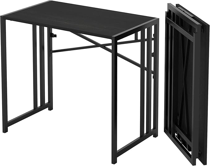 Lutown-Teen Narrow Folding Computer Desk 35 inch, Writing Gaming Computer Desk for Small Spaces, No Assembly Required Small Office Table, Black