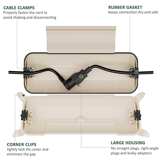 Flemoon Outdoor Extension Cord Safety Cover with Waterproof Protector Seal, Weatherproof Electrical Connection Box, Almond
