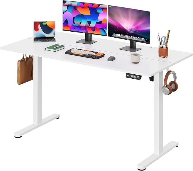 DEVAISE 55 Inch Electric Standing Desk, 3 Adjustable Computer Desk for Home Office, Ergonomic Sit to Stand Desk with LED Touchscreen，Headphone Hook, 3 Memory Preset, with Split Top, White