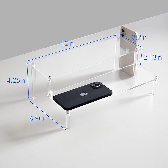 BYCY Acrylic Clear 2-Tier Riser Display Shelf for Figures, Desserts Holder, Collections Organizer and Cosmetic Items Shelf (12" x 6.9" x 4.25")
