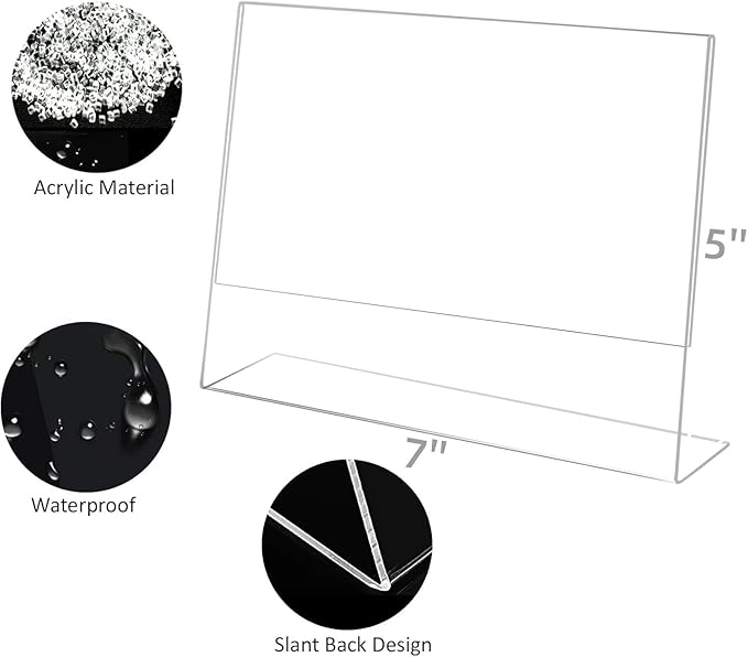 6 Pack Acrylic Sign Holder 5x7 for Picture Frames,Slanted Back Acrylic Sign Holders for Business & Store,Plastic Sign Holder,Menu Holder, Table Sign Holder for Office, Home, Store, Restaurant- Horizontal