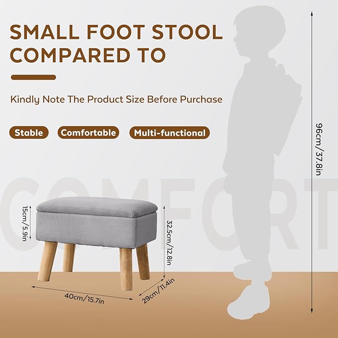 Storage Ottoman, Small Foot Stool Ottoman with Storage, Linen Foot Rest with Wood Legs, Footstool for Living Room, Bedroom, Entryway, Gray