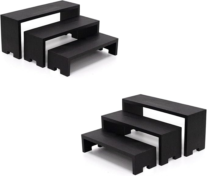 Yikaroeli 2 Set Black Display Risers Small Wooden Perfume Riser for Display Stand 6Pcs 3 Tiered Cologne Shelf Men Organizer Wood Racks Cupcake Stands