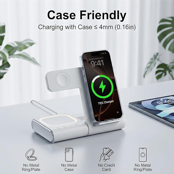 BLKE 3 in 1 Wireless Charging Station with Bluetooth Speaker & Night Light, 33W Foldable Bedside Charger Stand for iPhone 17/16/15/14/13, Apple Watch, AirPods Pro & Samsung Galaxy Phone