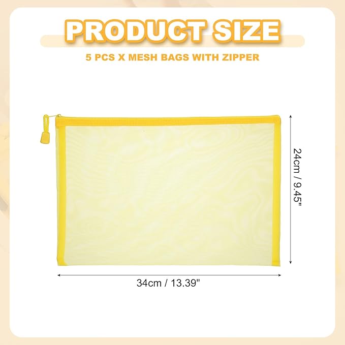 PATIKIL A4 Mesh Zipper Pouch Bags, 5 PCS Mesh Bags with Zipper Plastic Storage Pocket for Organizing File Beads Office Home Supplies, 34x24cm, Yellow
