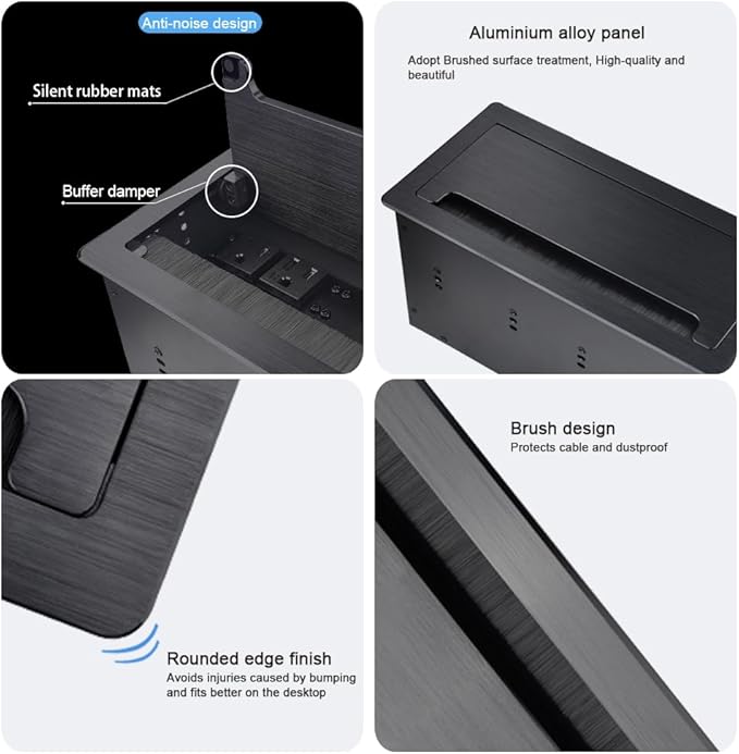 Tabletop Multimedia Connectivity Box with 4 AC Power+2 HDMI+2 RJ45+1 USB3.0 Port +1 USB-C +2 Audio with 5.58ft Power Cord for Conference Room (Black)