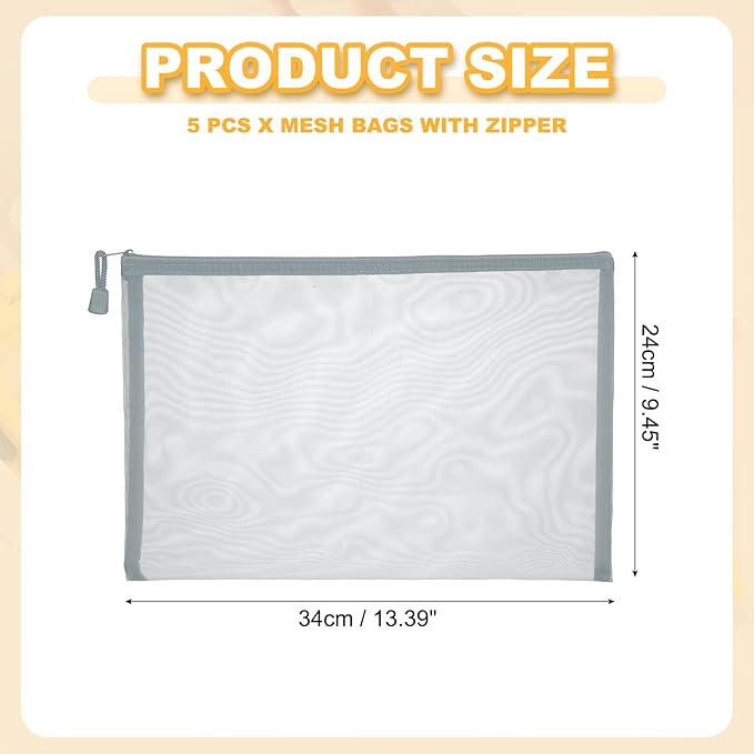 PATIKIL A4 Mesh Zipper Pouch Bags, 5 PCS Mesh Bags with Zipper Plastic Storage Pocket for Organizing File Beads Office Home Supplies, 34x24cm, Gray