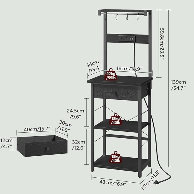 MAHANCRIS Bakers Rack with Drawer, Microwave Stand with Power Outlet, Coffee Bar Station with 4 Hooks, Kitchen Storage Shelf Rack 4 Tiers, for Kitchen, Dining Room, Black BRBK48E01