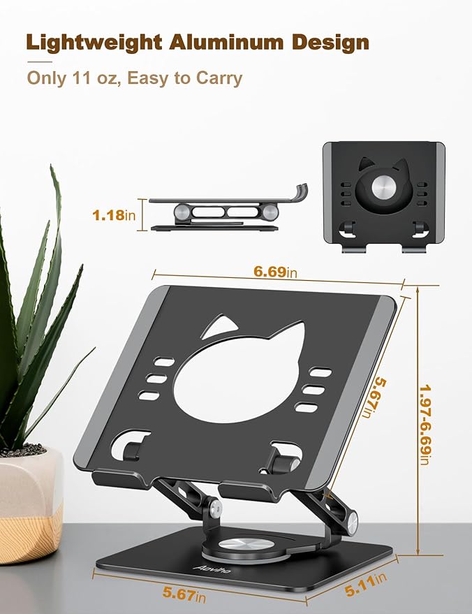 Aoviho Tablet Stand 360° Rotating Aluminum Holder, Adjustable, Portable and Foldable Monitors Stand for iPads, Compatible with 4-12.9" Tablets, Ink Black