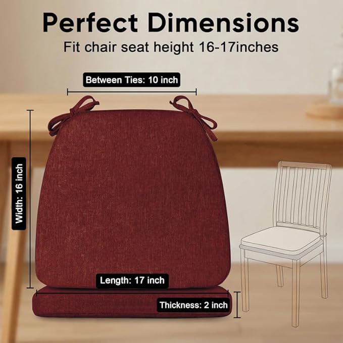 Chair Cushions Set of 2, D-Shaped Seat Cushion for Chair, Non Slip Chair Pads with Ties, 17" x 16" x 2", 40D Foam, Removable Washable Cover, Seat Cushions for Kitchen Chairs, Burgundy