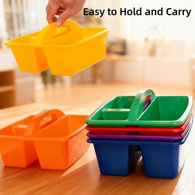 6 Pack Classroom Caddy, Art Caddy with 3 Compartment, Portable Storage Bin for Classroom, Office, and Home, Multiuse Table Organizer with Handle, Durable & Drop-Proof, Rainbow Colors