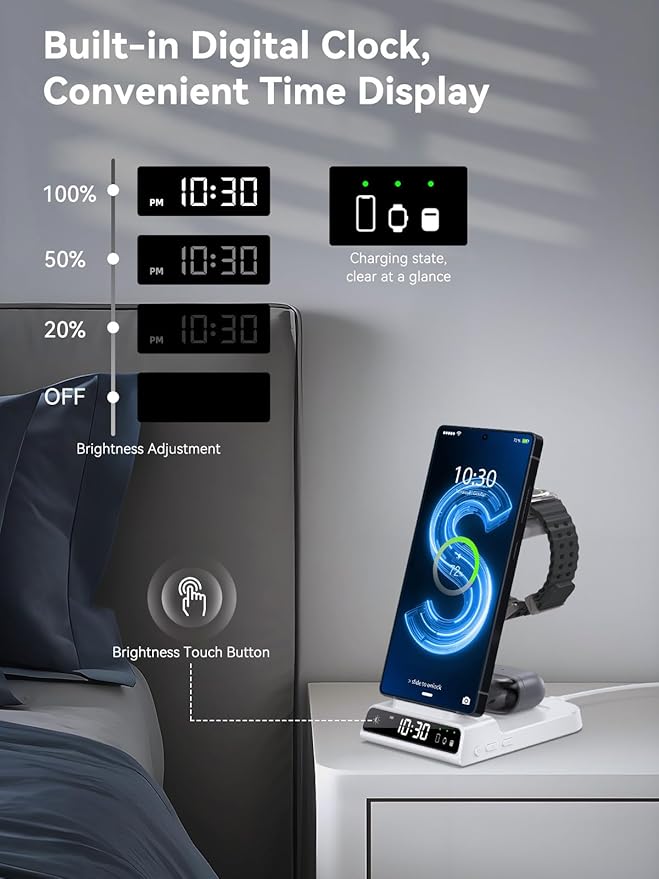 Wireless Charger for Samsung Charging Station with Clock for Samsung Galaxy S25 Ultra/S24 Ultra/Z Flip 7/Z Fold 6/Galaxy Bud, 3 in 1 Charger Station Watch Charger for Galaxy Watch 8/7/6/5 Pro (White)