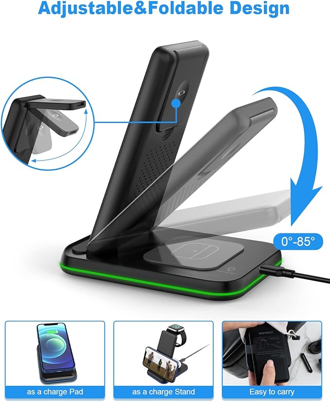Foldable Wireless Charger for Multiple Devices 3 in 1 Wireless Charging Station for Travel, Compatible with iPhone 17 16e 16 15 14 13 12 11, Charging Pad for iWatch Series & Airpods 4 3 2 Pro