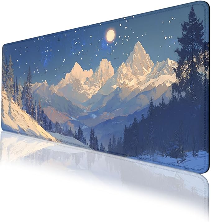 Winter Mountain Night Gaming Mouse Pad Starry Sky Snow Peaks Mousepad Extended Large Laptop Keyboard Non-Slip Rubber Base with Stitched Edges for Home 31.5 x 11.8 inch