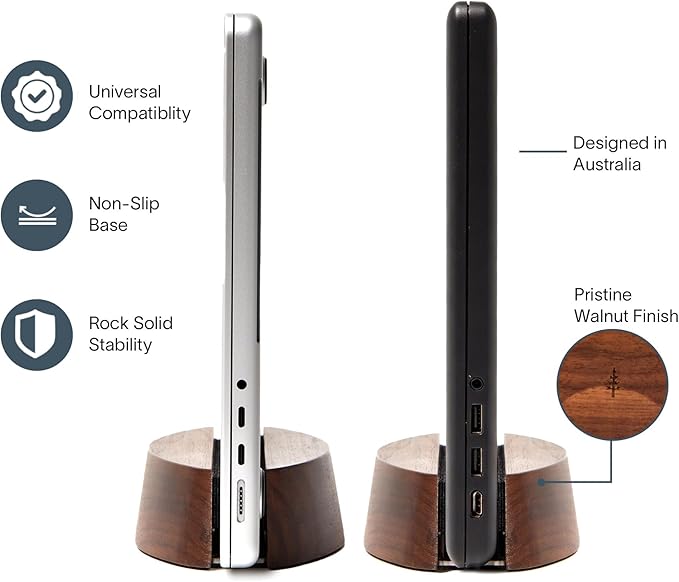 Nordik Adjustable Vertical Laptop Stand - Walnut - Premium Laptop Holder for Home Office, Software Engineers - Space Saving Desk Laptop Dock - Stable Non-Slip Wood Stand - MacBook Pro