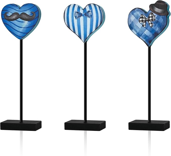 Smile Father's Day Wooden Table Decor Piece Blue Heart with Bow Tie Mustache Hat Desktop Signs Tabletop Decorations for Home Office Shelf - Gift for Dad, Husband, Grandpa