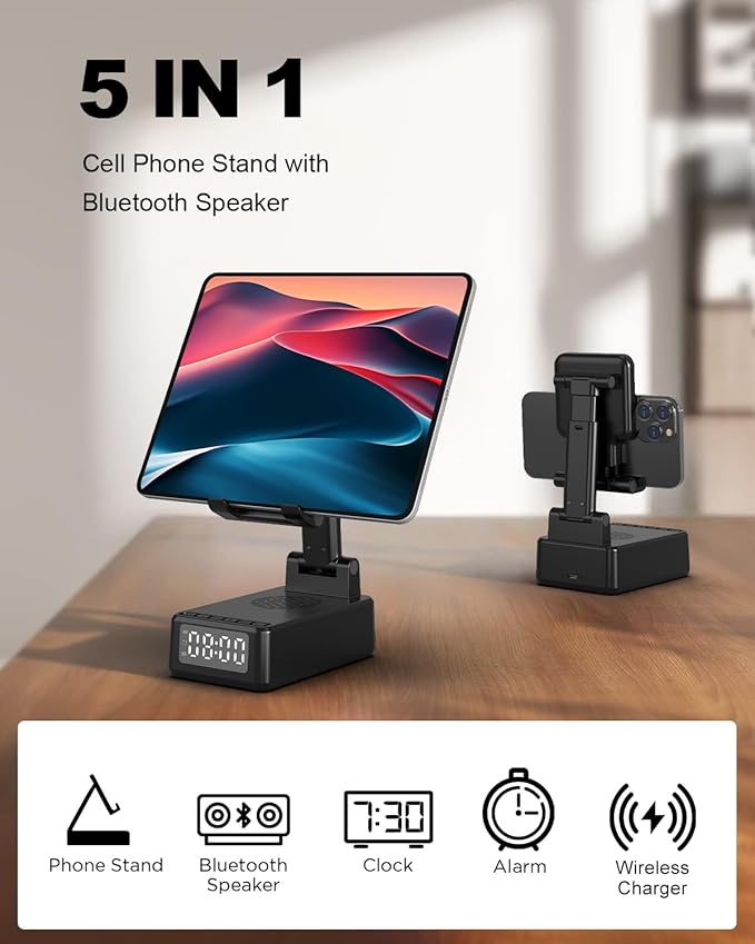 Birthday Gifts for Men Women,Cell Phone Stand with Wireless Bluetooth Speaker,Wireless Phone Charger Stand Alarm Clock for iPhone,Holiday Gifts for Men Women Dad Mom Husband Teen Cool Tech Gadgets