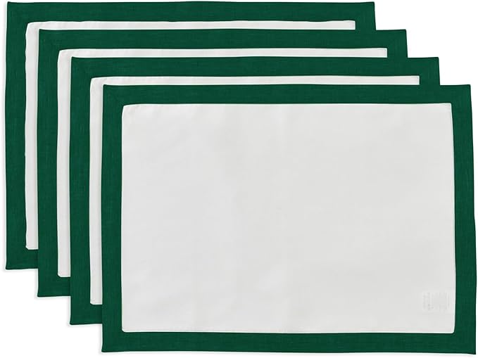 Solino Home Linen Cloth Placemats Set of 4-100% Pure Linen Rainforest and White Placemats 14 x 19 Inch - Classic, Handcrafted and Machine Washable