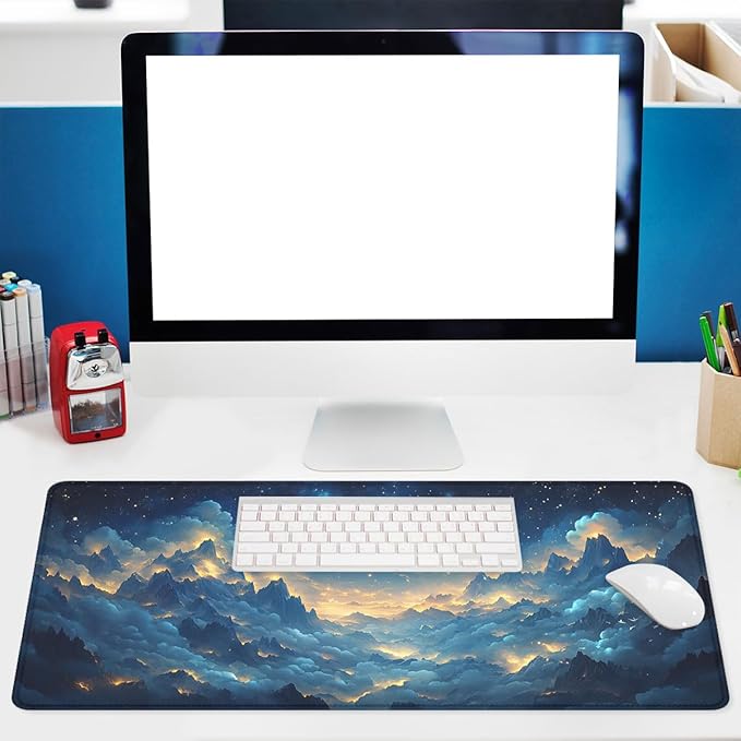 Stars Mouse Pad Night Clouds Mountains Rivers Sea Stars Large Gaming Mouse Mat with Stitched Edges,Non-Slip Waterproof Rubber Base Mous Mat 31.5x11.8 in