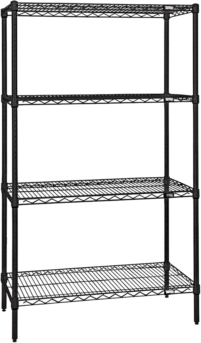 Quantum Storage Systems WR63-1448BK Wire Shelving Starter Kit, 48" W x 14" D x 63" H, 600 lbs Capacity, Carbon Steel, Epoxy Coated, Black, NSF