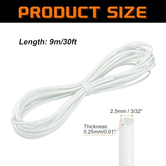 MECCANIXITY 30ft Braided Cable Sleeve, 3/32" ID 200C Heat Resistant 1500V Fiberglass Wire Insulation Cord Protector Organizer Wires Management for Motor Engine Fuel Line, White