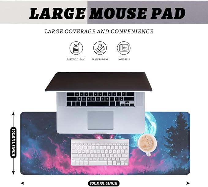 Wolf Monster Mouse Pad Night Sky Blue Moon Pink Neon Weird Extended Mousepad XXL Computer Laptop Keyboard Mouse Mat Big Aesthetic Desk Decor Pad 31.5x11.8 in
