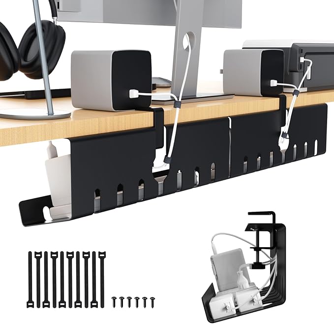 Syeeiex Under Desk Cable Management with No-Drill C-Clamp & Screw Mount, 17'' Metal Under Desk Cord Organizer, Cable Management Tray for Office/Home workspace (Black, Set of 2)