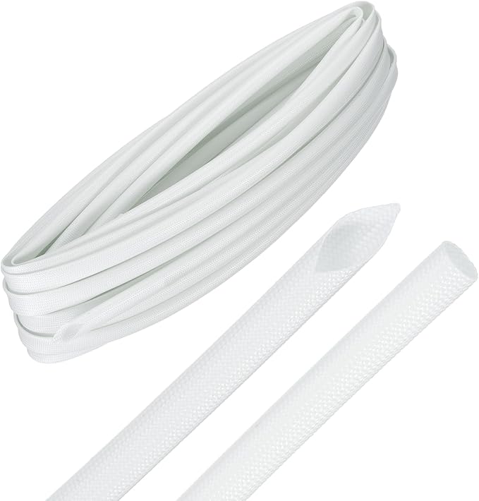 MECCANIXITY 49ft Braided Cable Sleeve, 1/4" ID 200C Heat Resistant 1500V Fiberglass Wire Insulation Cord Protector Organizer Wires Management for Motor Engine Fuel Line, White