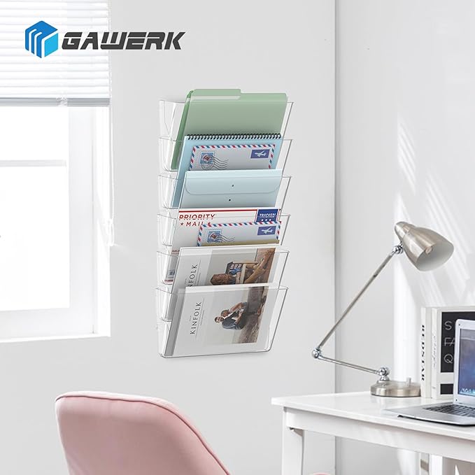 Gawerk 2 Pack Clear Single Pocket Wall File Holder Hanging Wall Organizer, Wall Mount Mails Magazines Organizer for Office and Home