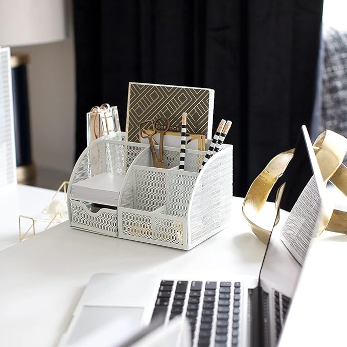BLU MONACO | White Metal Mesh Desk Organizer with Drawer | 6-Compartment Desktop Storage for Office, School, Kitchen & Home | Modern Workspace Organizer for Pens, Papers, Supplies & Accessories