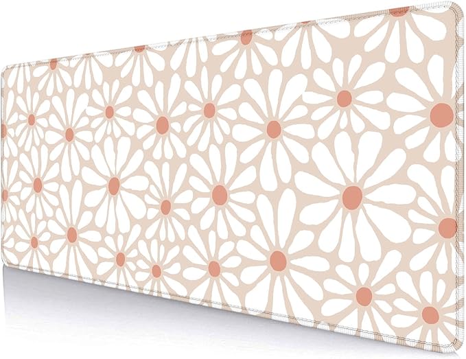 Cute Large Mouse Pad for Desk, Beige Flower Desk Pad for Computer Keyboard Laptop, Daisy Boho Big Mousepad, Non-Slip Base Floral Desktop Mat for Home Office, 31.5 x 11.8 inches