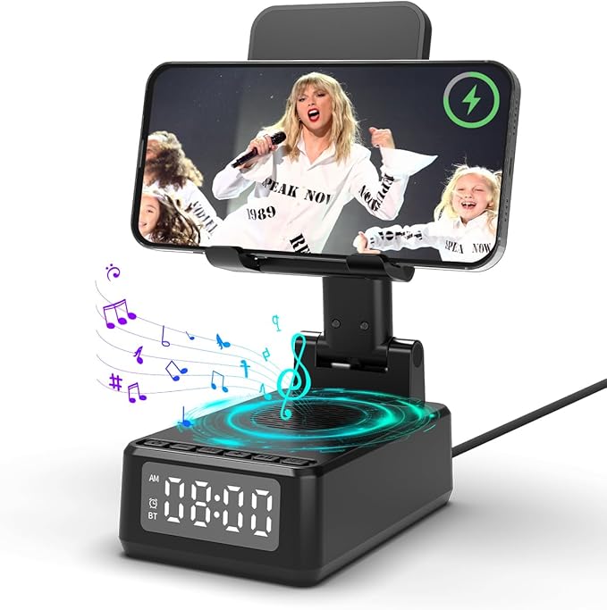 Birthday Gifts for Men Women,Cell Phone Stand with Wireless Bluetooth Speaker,Wireless Phone Charger Stand Alarm Clock for iPhone,Holiday Gifts for Men Women Dad Mom Husband Teen Cool Tech Gadgets