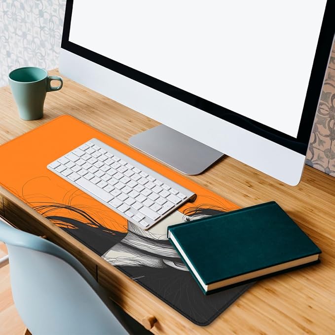 Anime Girl Aesthetic Mouse Pad, Minimal Line Art Portrait Gaming Desk Mat with Stitched Edges,Non-Slip Waterproof Rubber Base Mouse Mat, 31.5x11.8in Desk Home Office Gaming