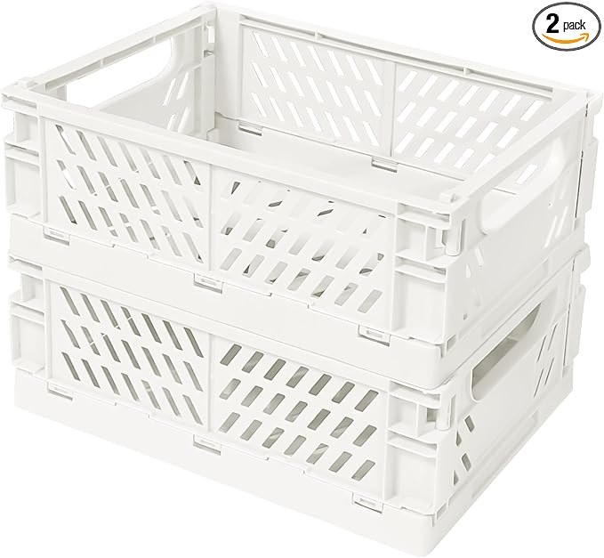 Mini Pastel Plastic Storage Bins 2Pcs Foldable Pastel Crates Plastic Basket Colorful Storage Containers Baskets for Classroom Kitchen Office Bedroom Desktop Home Decor (White 5.8" x 3.8" x 2.2")