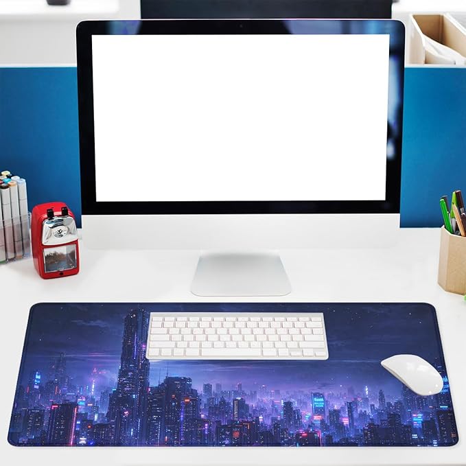 Neon City Gaming Mouse Pad Night Skyline Extended Gaming Mouse Pad Mat with Stitched Edge Non-Slip Base Office Computer Keyboard Laptop 31.5"x11.8"