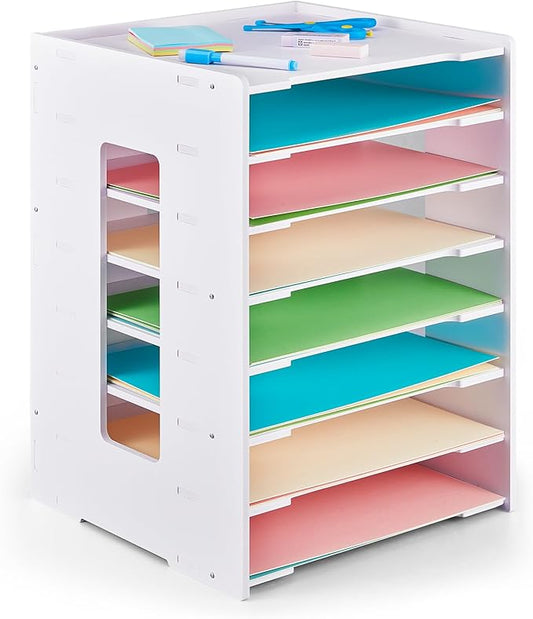 Juexica Scrapbook Paper Organizer 8 Tier File Holder for Desk 12 x 12 Stackable Paper Trays Desktop File Organizer for Home Office School Decorations, White