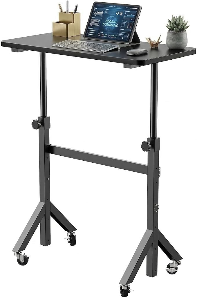 HUANUO 32'' Small Standing Desk Adjustable Heigh, Mobile Stand Up Desk with Wheels, Portable Rolling Desks for Walking Pad and Treadmill, Computer Laptop Desks for Home Office Space,Black