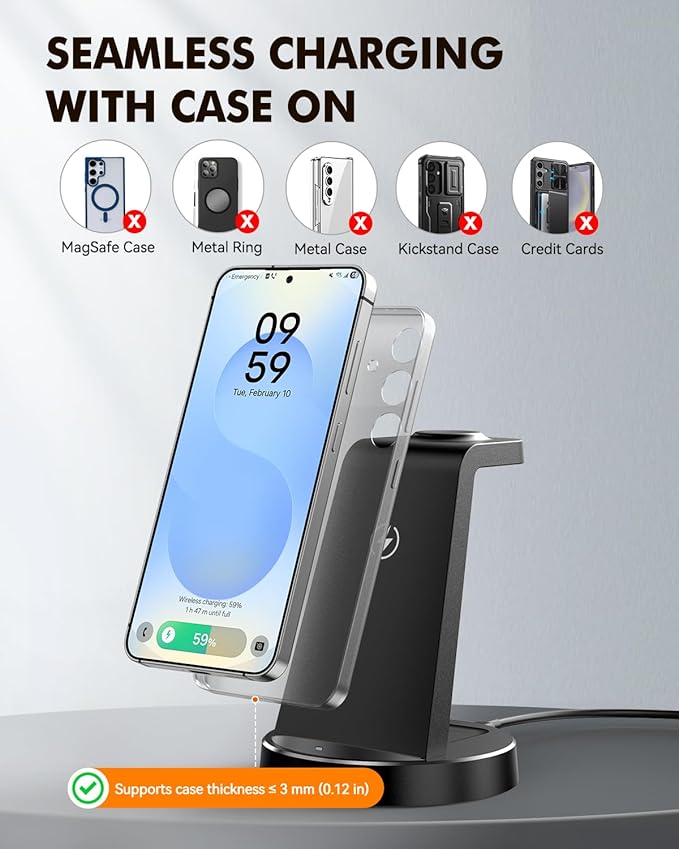 Wireless Charger for Samsung, 3-in-1 Charging Station for Samsung S26/S25/S24/S23/S22, Note 20/10, Z Fold 6/5, Galaxy Buds 4/3/2 Pro, Galaxy Watch Ultra/8/7/6/5-Android Phone and Watch Stand