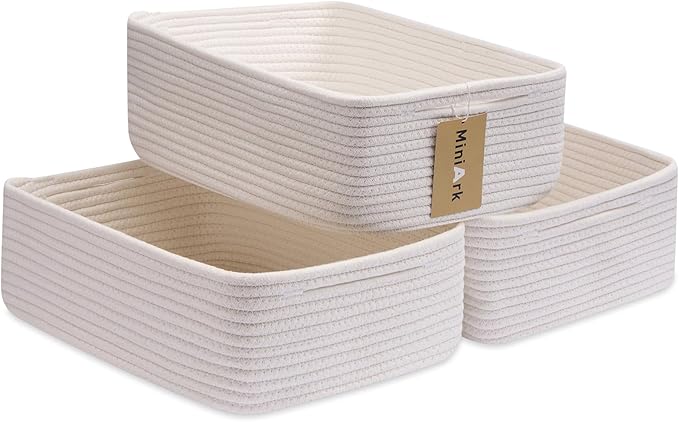 MiniArk Large Shallow Organizing Baskets 15x11x5.1 Inches - Rope Woven Storage Bins for Bathroom, Shelves, Cube Closet, Off White 3 Packs