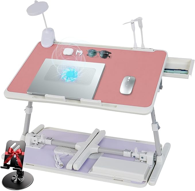 iXTRA Laptop Lap Desk Include Cooling Fan,Adjustable Lap Desk with Light Fan,Folding Laptop Desk for Bed with USB,Bed Desk with Storage Drawer 60x40cm,Pink