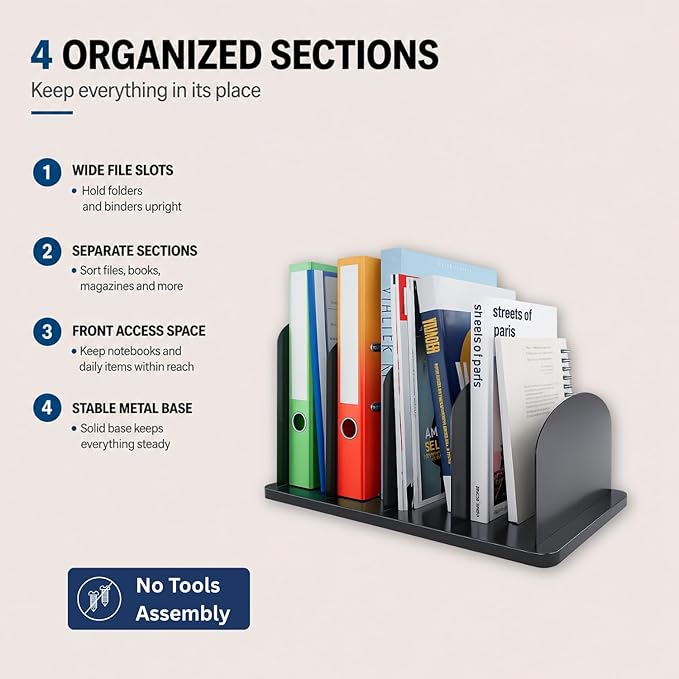 CraftSaints Vertical Desk File Organizer, 4 Sections, Solid Metal Dividers, Modern Minimalist Design Desk Top File Holder for Home, Office & Classroom