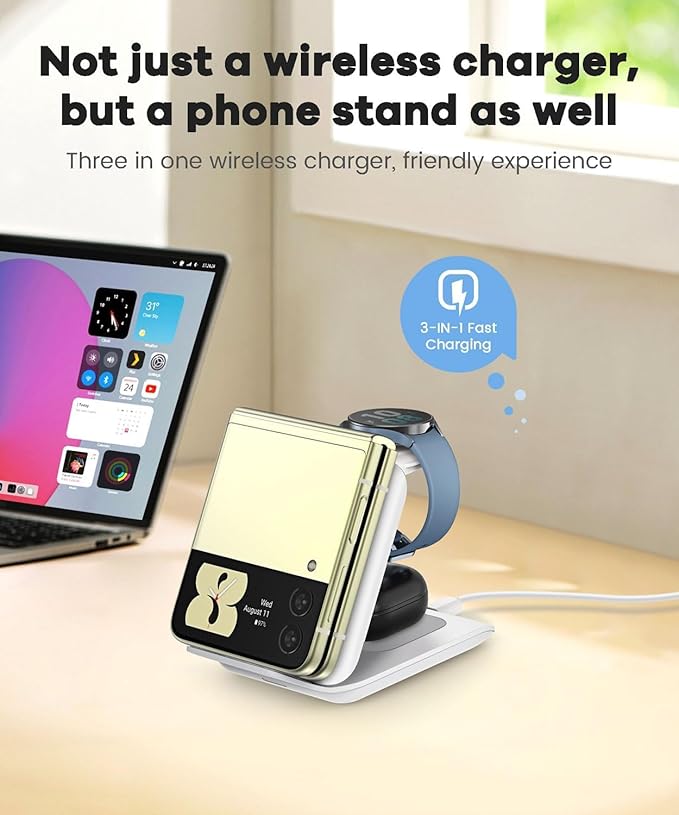 Fast Wireless Charger for Samsung Z Flip - 3 in 1 Foldable Travel Charging Station for z Flip 7/6/5/4, Motorola Razr+, Galaxy Watch 8/7/6/5/Ultra & Buds 3/2 Pro/Live | PD20W Adapter Included | White