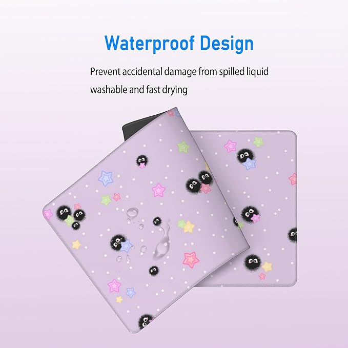 Cute Purple Mouse Pad,Large Kawaii Gaming Desk Mat(80x30cm),Star Sea Urchin Anime Lilac Decor Mousepad for Girls Women,Pastel Lavender Extended Girly Deskmat with Stitched Edges,31.5x12in
